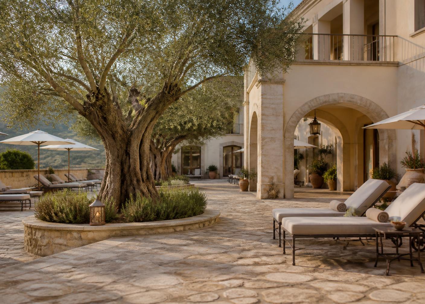 An empty hotel courtyard with stone paving and olive trees in late afternoon light