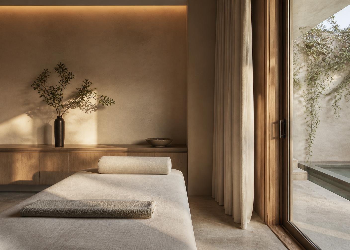 A quiet hotel treatment room with linen daybed and morning light